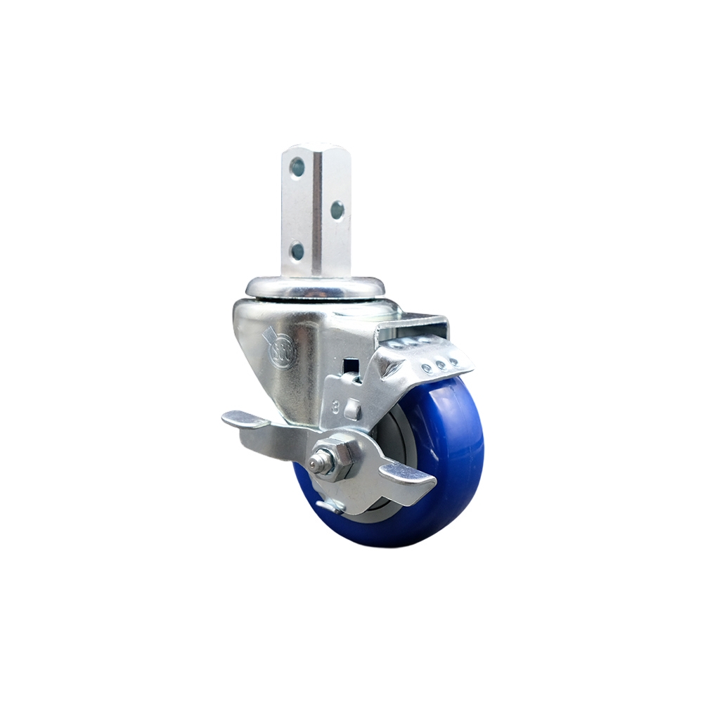 Swivel Square Stem Caster with 3 x 1.25 in. Blue Polyurethane Wheel, 0.87 x 2 in. Square Stem & 3 0.26 in. Diameter Mounting Holes