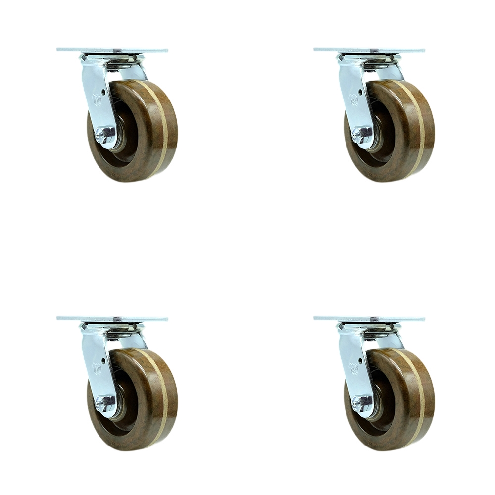 SCC-30CS520-PHRHT-4 High Temperature Phenolic Swivel Top Plate Casters, Heavy Duty with 5 in. Wheels - 4000 lbs Total Capacity - Set of 4