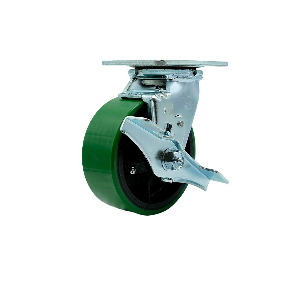 Polyurethane on Cast Iron Swivel Top Plate Heavy Duty Caster with 5 in. Green Wheel & Top Lock Brake - 1000 lbs Capacity per Caster