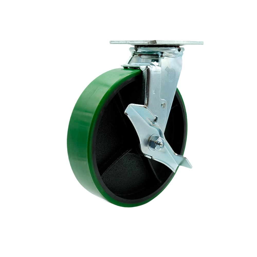 Polyurethane on Cast Iron Swivel Top Plate Heavy Duty Caster with 8 in. Green Wheel & Top Lock Brake - 1250 lbs Capacity per Caster