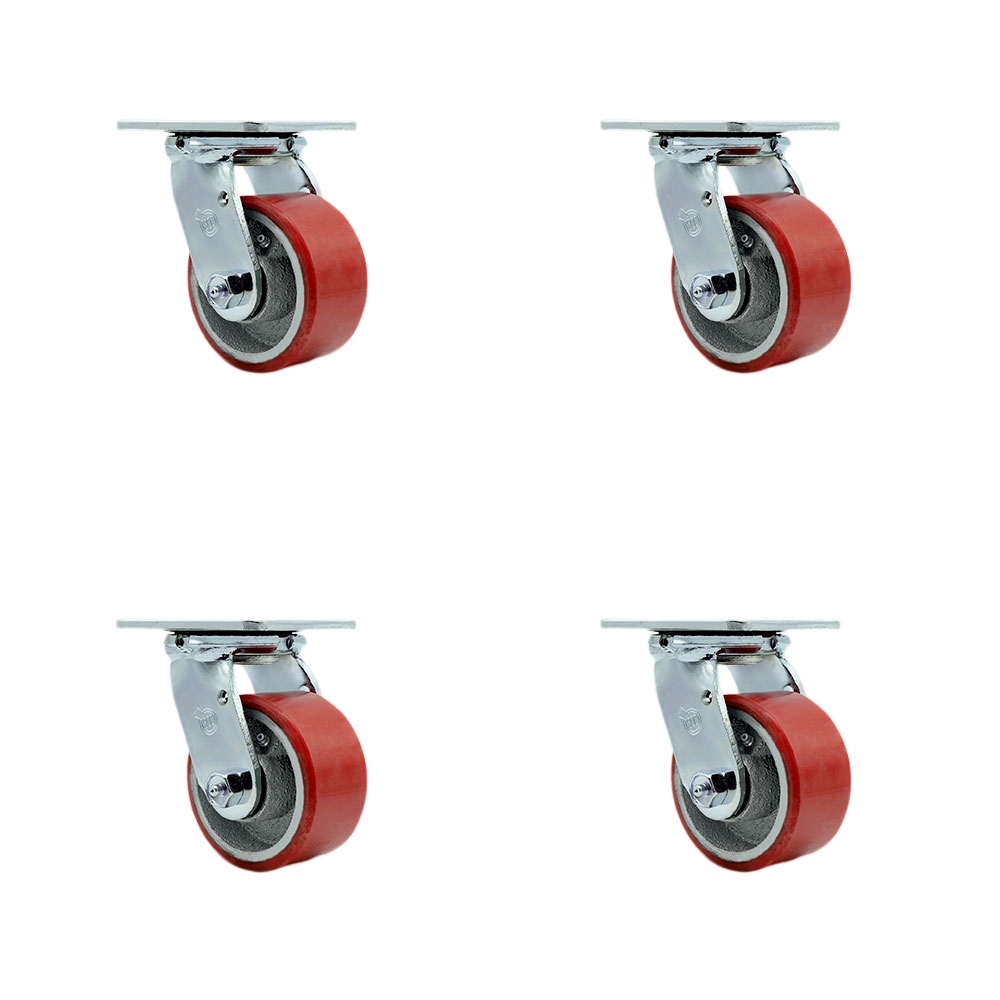 SCC-30CS420-PUR-RS-4 Polyurethane on Cast Iron Swivel Top Plate Casters, Heavy Duty with 4 in. Red Wheels - 2800 lbs Total Capacity - Set of 4