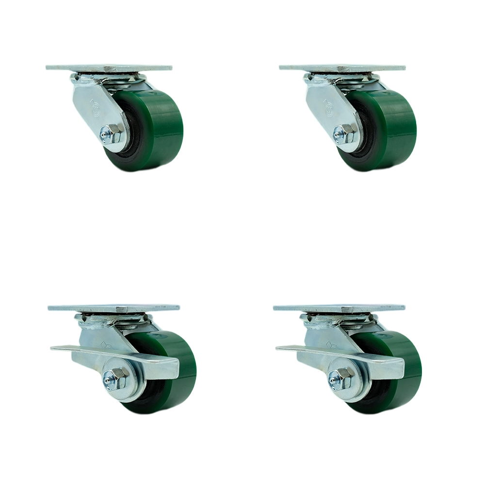 Polyurethane on Cast Iron Swivel Top Plate Casters, Heavy Duty with 3.25 in. Green Wheels - 2400 lbs Total Capacity - Set of 4
