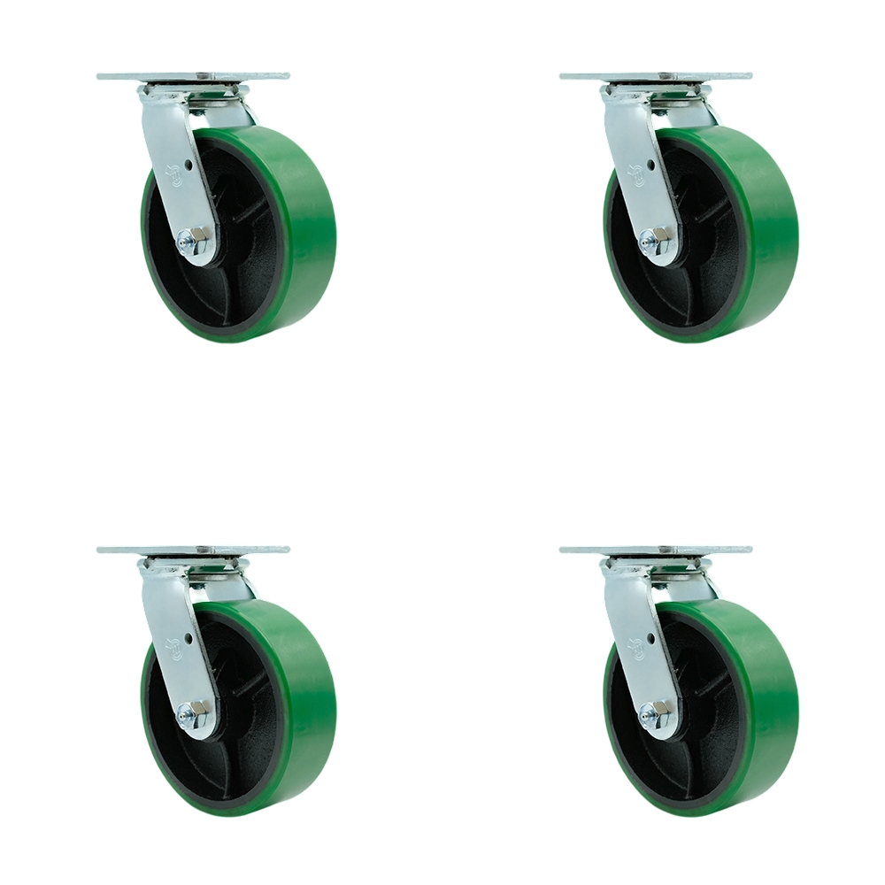 SCC-30CS620-PUR-GB-4 Polyurethane on Cast Iron Swivel Top Plate Casters, Heavy Duty with 6 in. Green Wheels - 4800 lbs Total Capacity - Set of 4