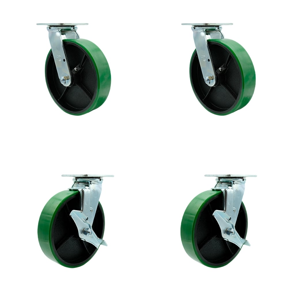 Polyurethane on Cast Iron Swivel Top Plate Casters, Heavy Duty with 8 in. Green Wheels - 5000 lbs Total Capacity - Set of 4