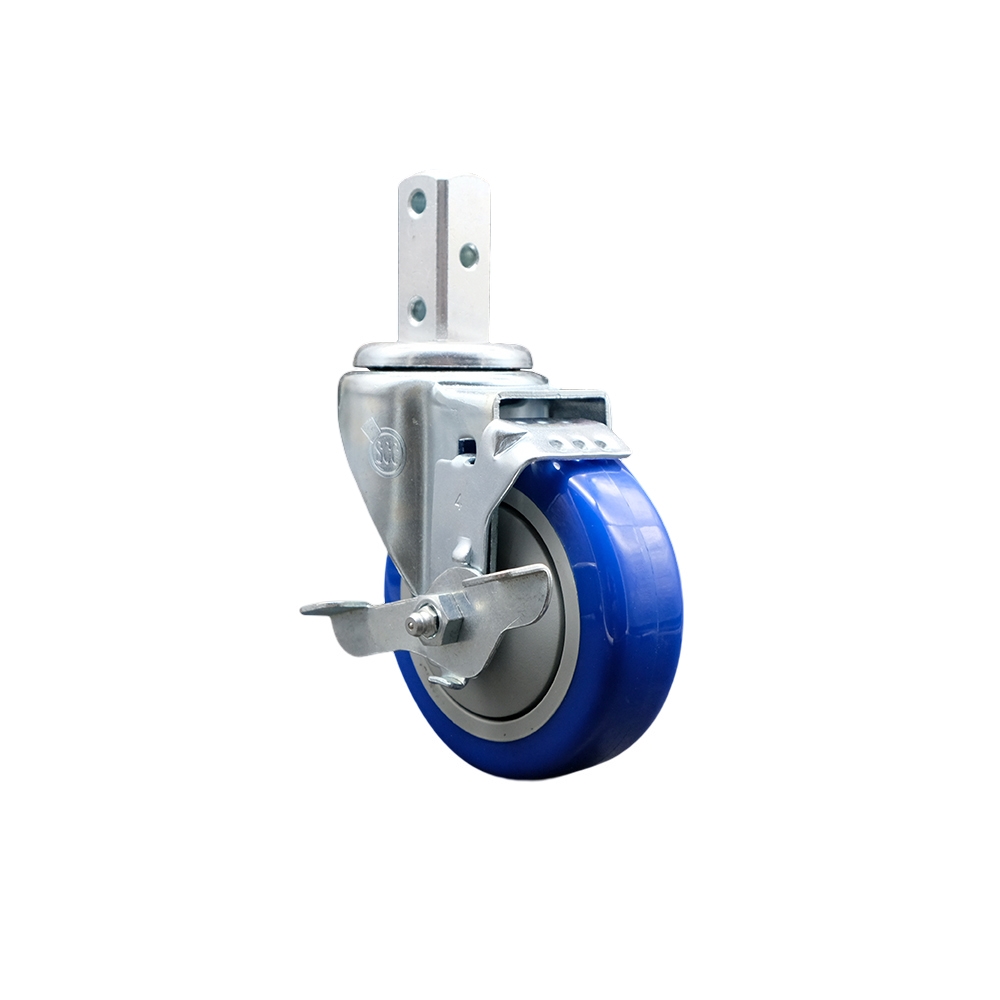 Swivel Square Stem Caster with 4 x 1.25 in. Blue Polyurethane Wheel, 0.75 x 2 in. Square Stem & 3 0.26 in. Diameter Mounting Holes