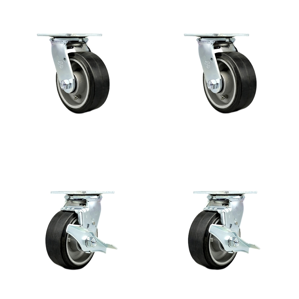 SCC-30CS520-RAR-2-TLB-2 Rubber on Aluminum Swivel Top Plate Casters, Heavy Duty with 5 in. Wheels - 2000 lbs Total Capacity - Set of 4