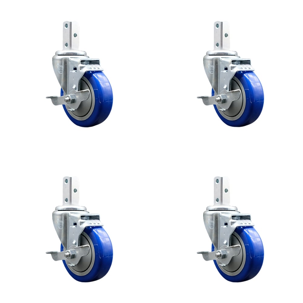 Swivel Square Stem Caster with 4 x 1.25 in. Blue Poly Wheel, 0.75 x 2 in. Square Stem with 3 0.26 in. Diameter Mounting Holes - Set of 4