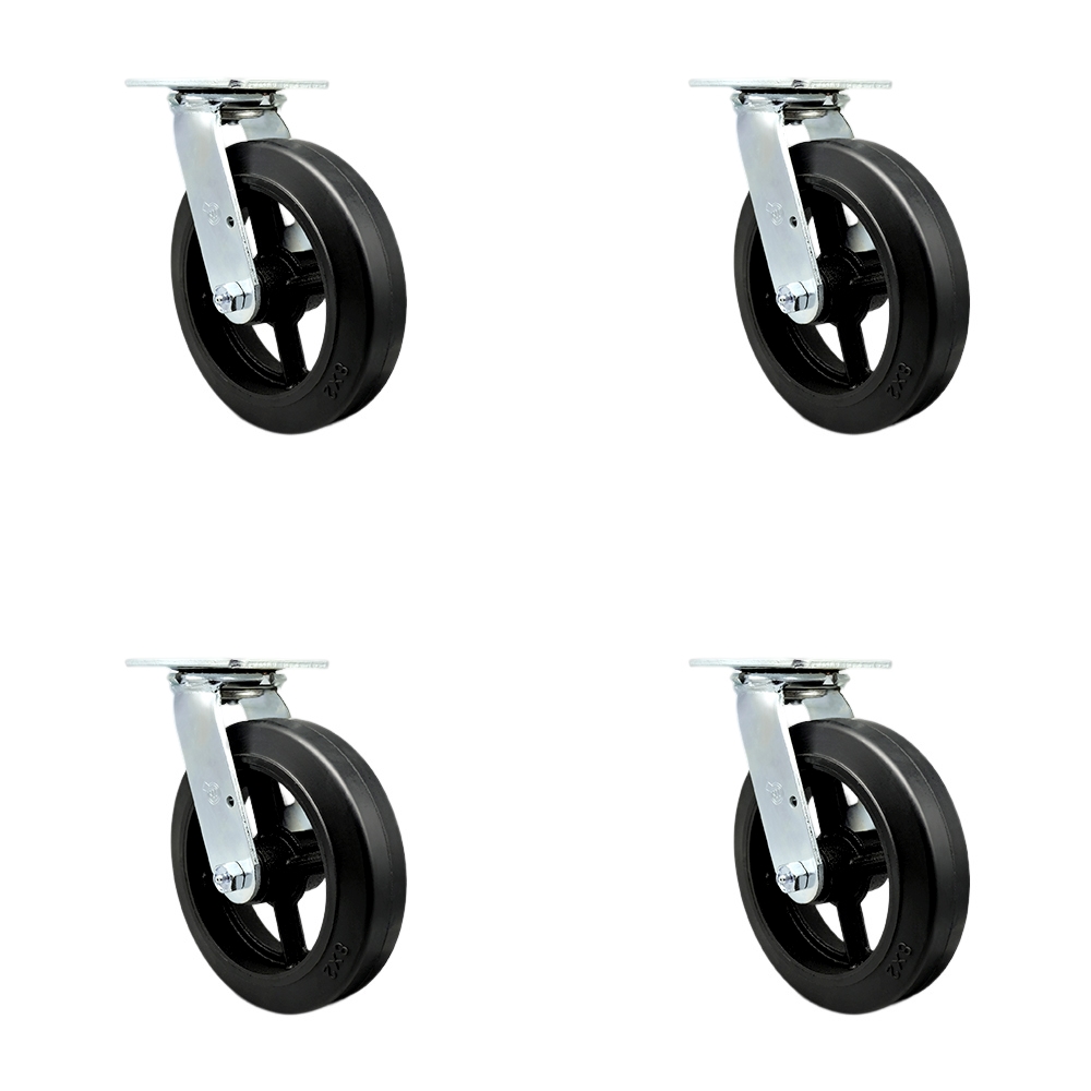 SCC-30CS820-RSR-4 Rubber on Metal Swivel Top Plate Casters, Heavy Duty with 8 in. Wheels - 2000 lbs Total Capacity - Set of 4