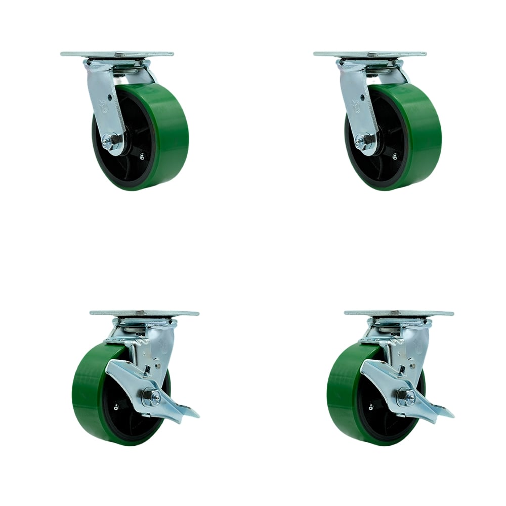 Polyurethane on Cast Iron Swivel Top Plate Casters, Heavy Duty with 5 in. Green Wheels - 4000 lbs Total Capacity - Set of 4