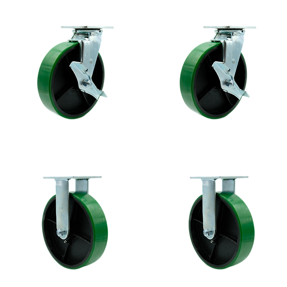 Polyurethane on Cast Iron Swivel Top Plate Casters, Heavy Duty with 8 in. Green Wheels - 5000 lbs Total Capacity - Set of 4