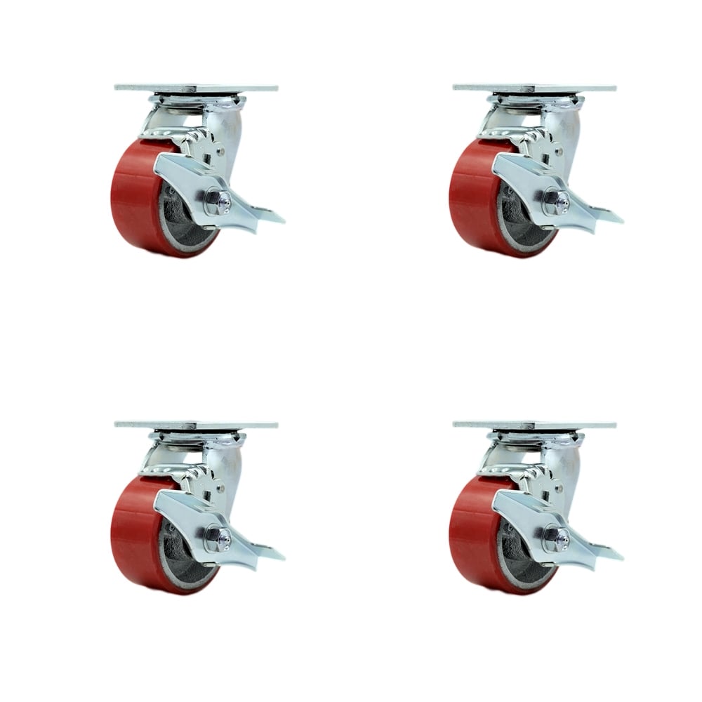 Polyurethane on Cast Iron Swivel Top Plate Casters, Heavy Duty with 4 in. Red Wheels - 2800 lbs Total Capacity - Set of 4