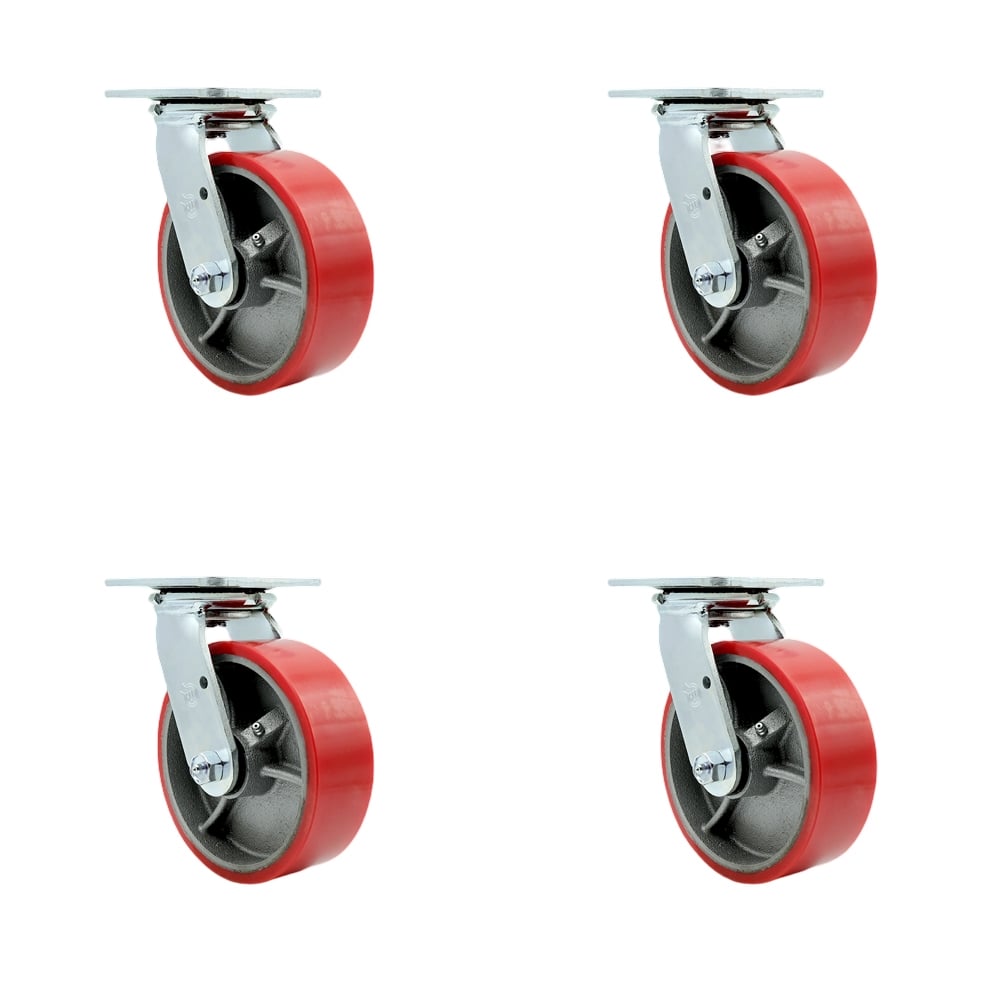 SCC-30CS620-PUR-RS-4 Polyurethane on Cast Iron Swivel Top Plate Casters, Heavy Duty with 6 in. Red Wheels - 4800 lbs Total Capacity - Set of 4