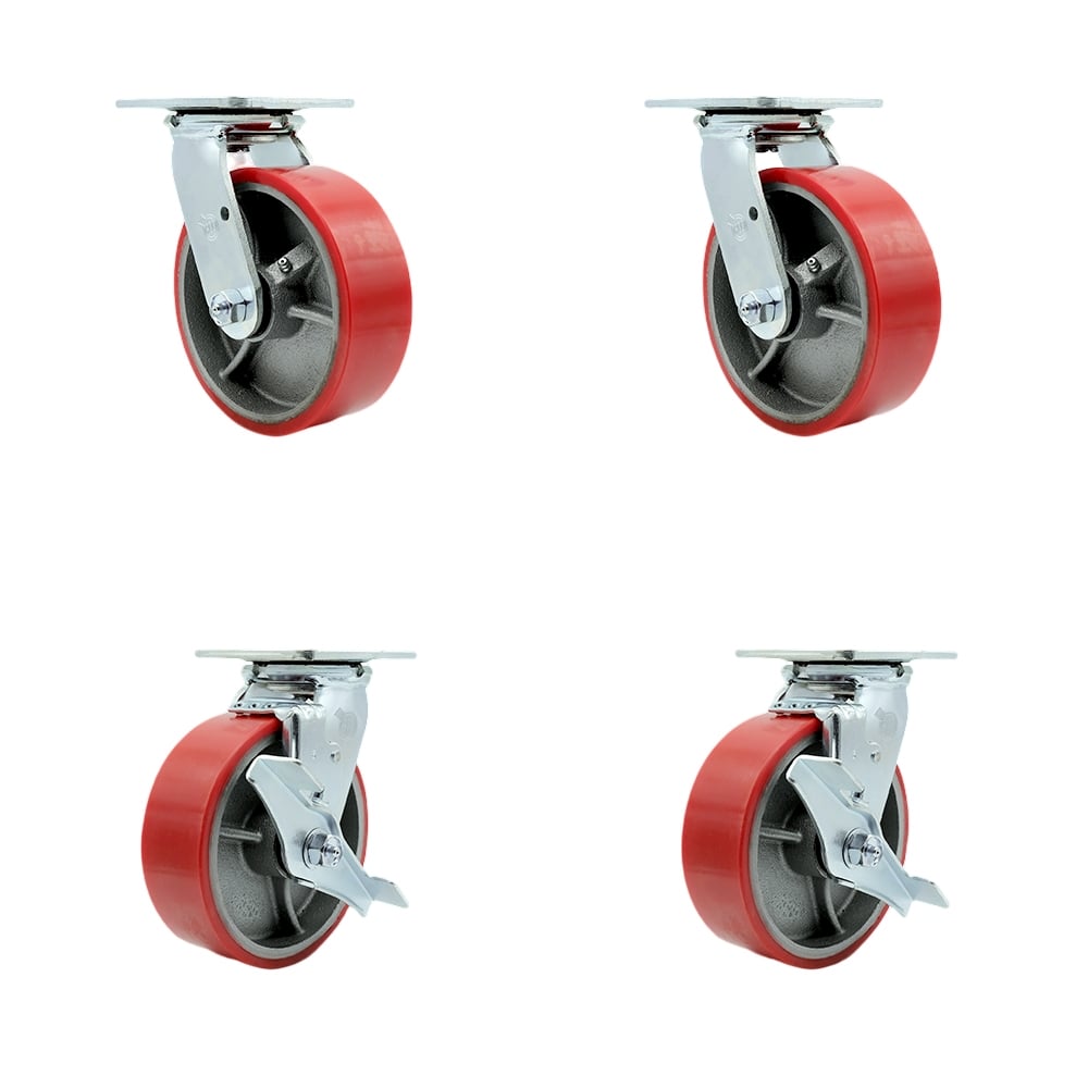 Polyurethane on Cast Iron Swivel Top Plate Casters, Heavy Duty with 6 in. Red Wheels - 4800 lbs Total Capacity - Set of 4
