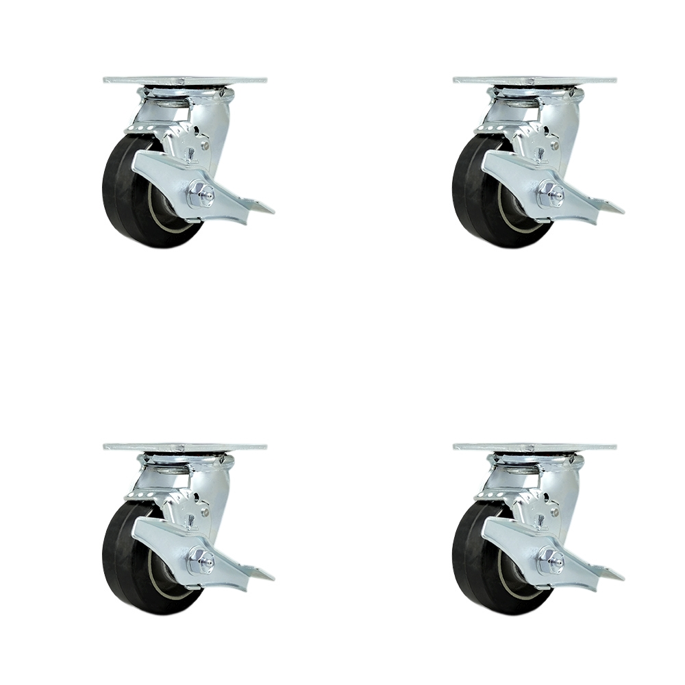 SCC-30CS420-RAR-TLB-4 Rubber on Aluminum Swivel Top Plate Casters, Heavy Duty with 4 in. Wheels - 1600 lbs Total Capacity - Set of 4