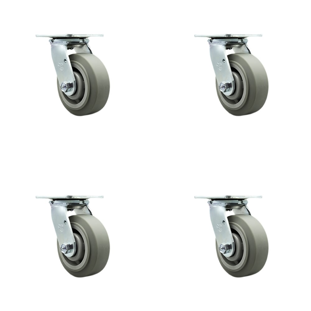 SCC-30CS520-TPRRF-4 Thermoplastic Rubber Flat Tread Swivel Top Plate Casters, Heavy Duty with 5 in. Wheels - 1400 lbs Total Capacity - Set of 4