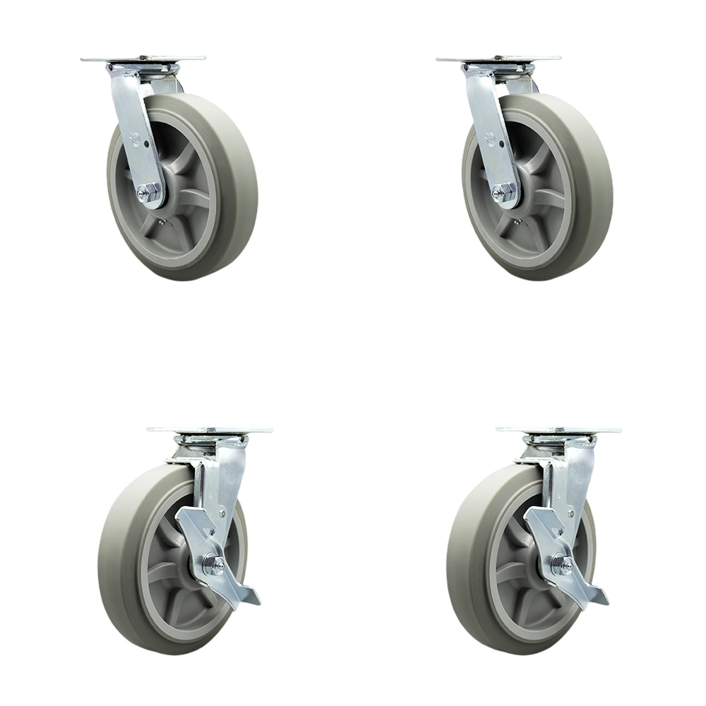 Thermoplastic Rubber Flat Tread Swivel Top Plate Casters, Heavy Duty with 8 in. Wheels - 2400 lbs Total Capacity - Set of 4