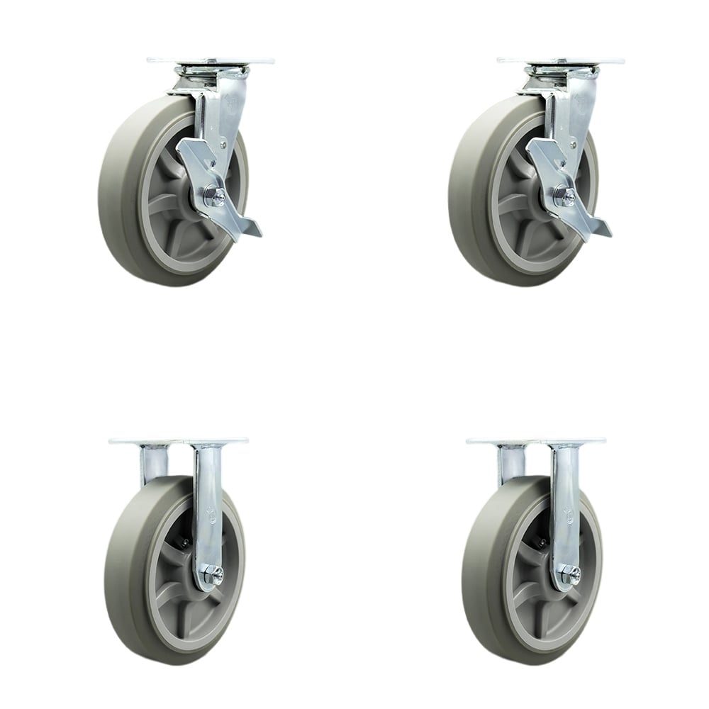 Thermoplastic Rubber Flat Tread Swivel Top Plate Casters, Heavy Duty with 8 in. Wheels - 2400 lbs Total Capacity - Set of 4
