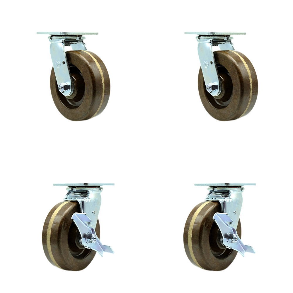 SCC-30CS620-PHRHT-2-TLB-2 High Temperature Phenolic Swivel Top Plate Casters, Heavy Duty with 6 in. Wheels - 4800 lbs Total Capacity - Set of 4