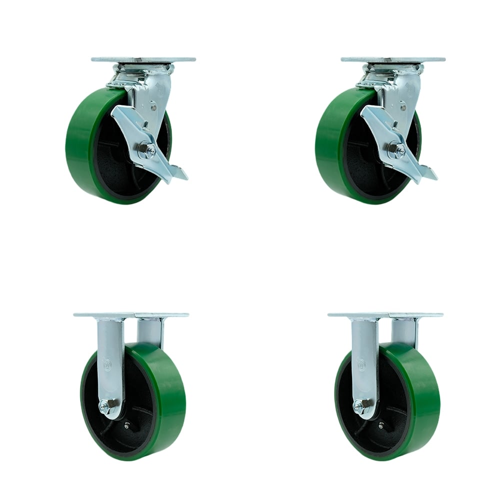 Polyurethane on Cast Iron Swivel Top Plate Casters, Heavy Duty with 6 in. Green Wheels - 4800 lbs Total Capacity - Set of 4