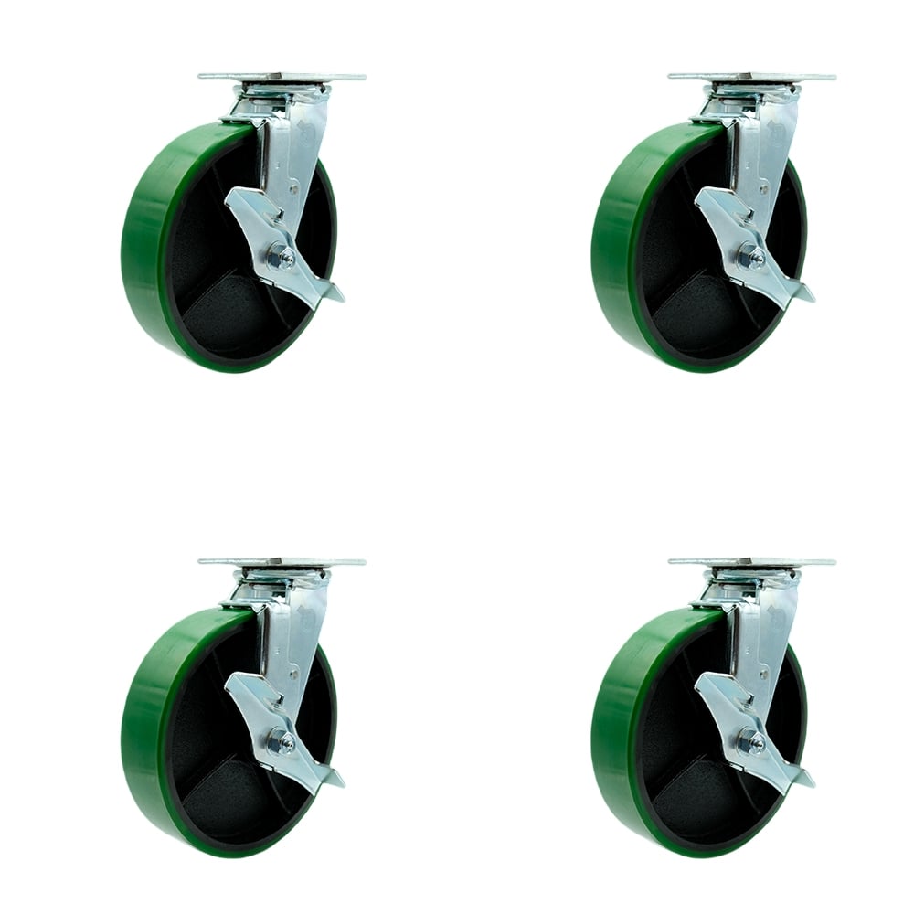 Polyurethane on Cast Iron Swivel Top Plate Casters, Heavy Duty with 8 in. Green Wheels - 5000 lbs Total Capacity - Set of 4