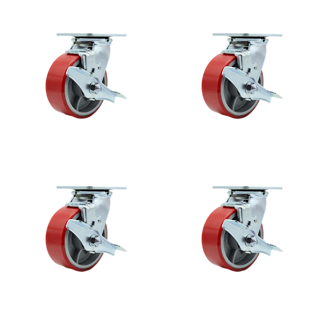 Polyurethane on Cast Iron Swivel Top Plate Casters, Heavy Duty with 5 in. Red Wheels - 4000 lbs Total Capacity - Set of 4