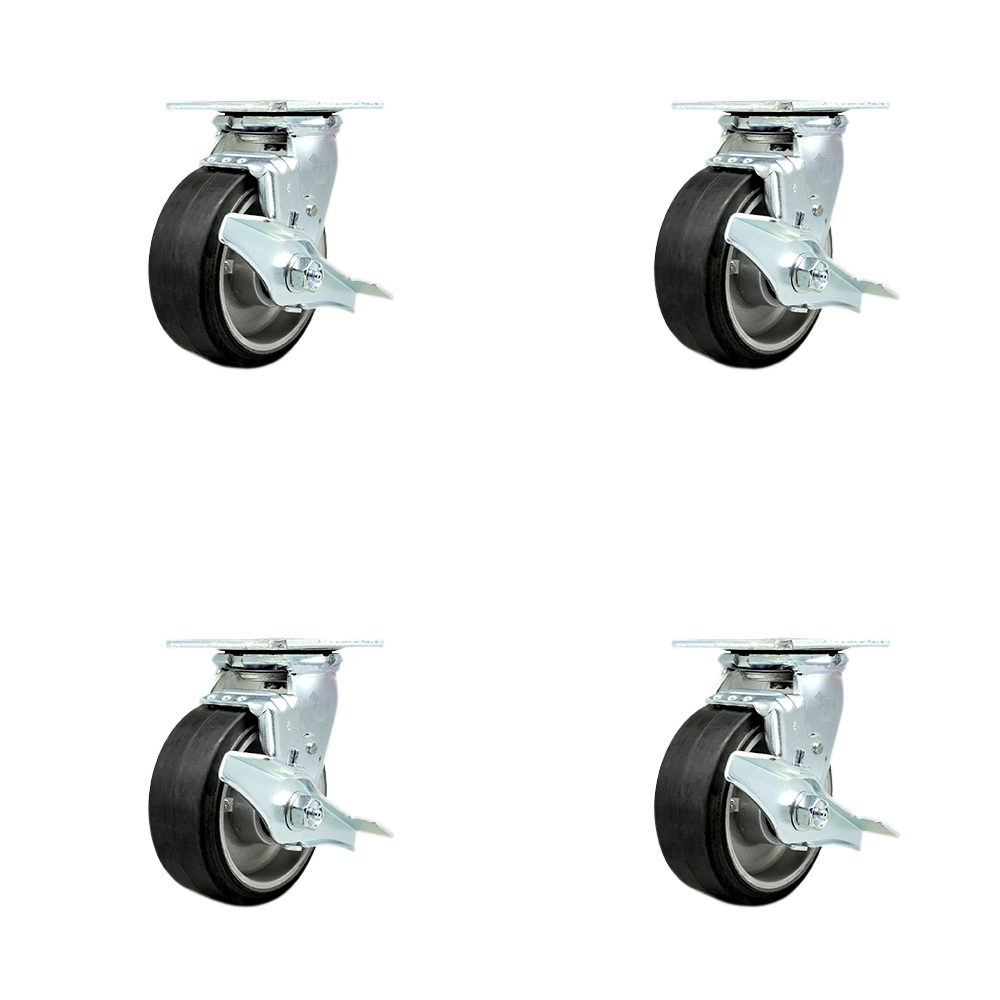 SCC-30CS520-RAR-TLB-4 Rubber on Aluminum Swivel Top Plate Casters, Heavy Duty with 5 in. Wheels - 2000 lbs Total Capacity - Set of 4