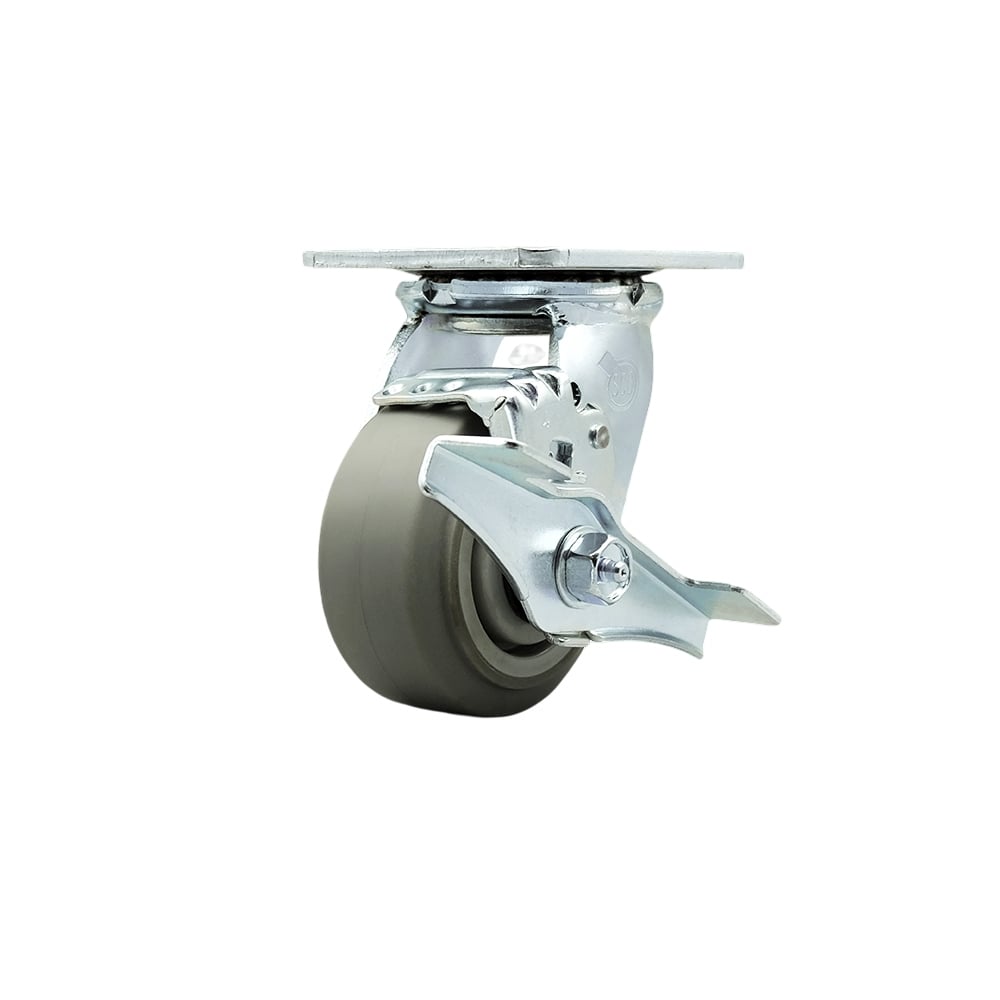 Thermoplastic Rubber Flat Tread Swivel Top Plate Heavy Duty Caster with 4 in. Wheel & Top Lock Brake - 300 lbs Capacity per Caster