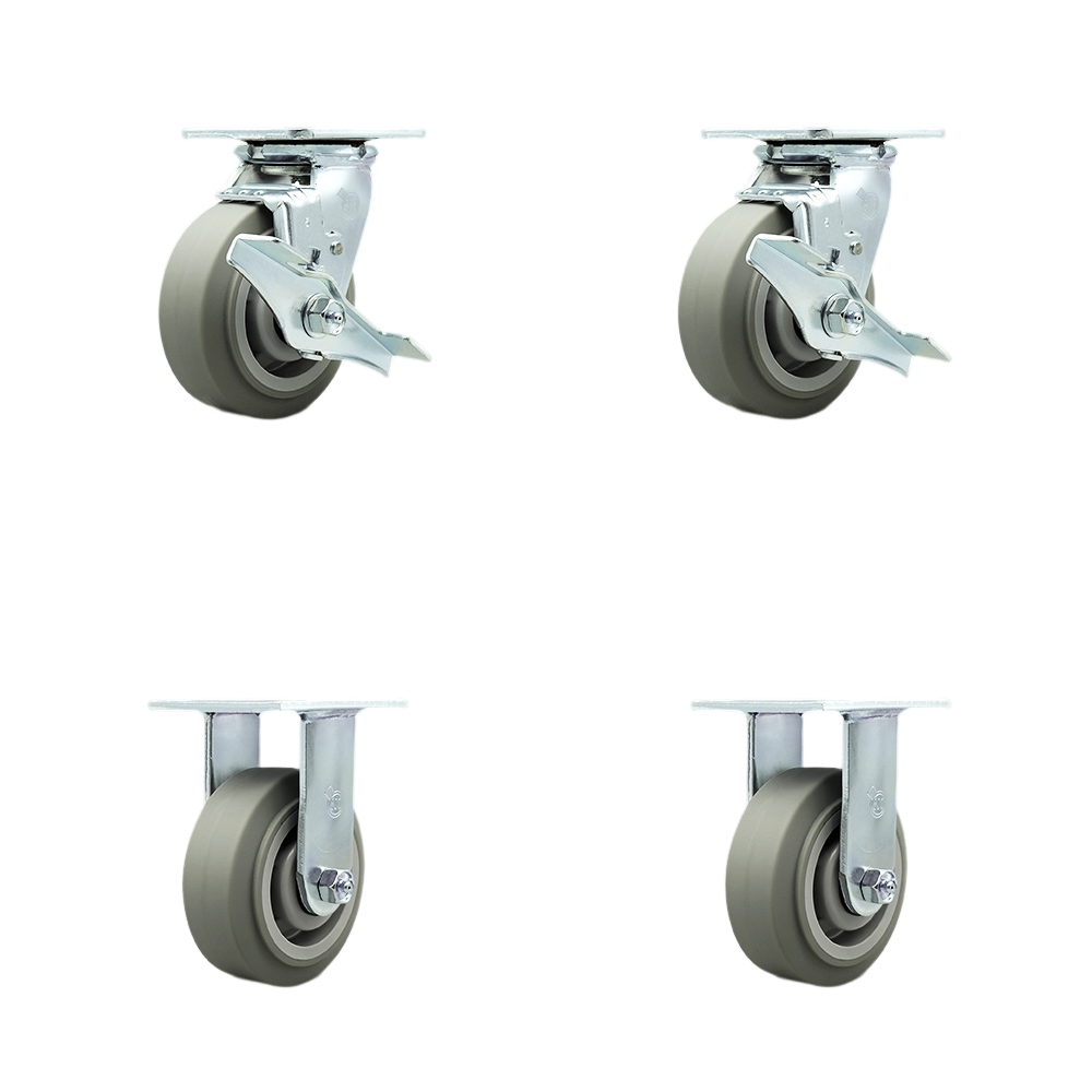 Thermoplastic Rubber Flat Tread Swivel Top Plate Casters, Heavy Duty with 5 in. Wheels - 1400 lbs Total Capacity - Set of 4
