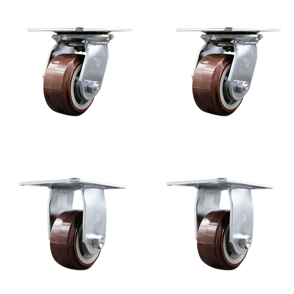 Heavy Duty Large Top Plate Polyurethane on Polyolefin Swivel Caster with 4 x 2 in. Maroon Wheels - 2400 lbs Total Capacity - Set of 4