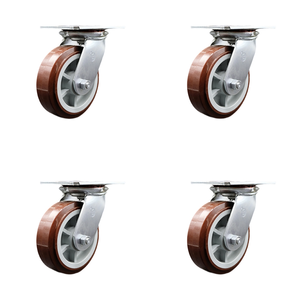 Heavy Duty Large Top Plate Polyurethane on Polyolefin Swivel Caster with 6 x 2 in. Maroon Wheels - 3600 lbs Total Capacity - Set of 4