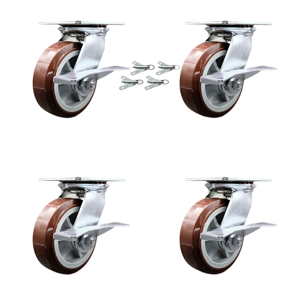 Heavy Duty Large Top Plate Polyurethane on Polyolefin Swivel Caster with 6 x 2 in. Maroon Wheels - 3600 lbs Capacity - Set of 4