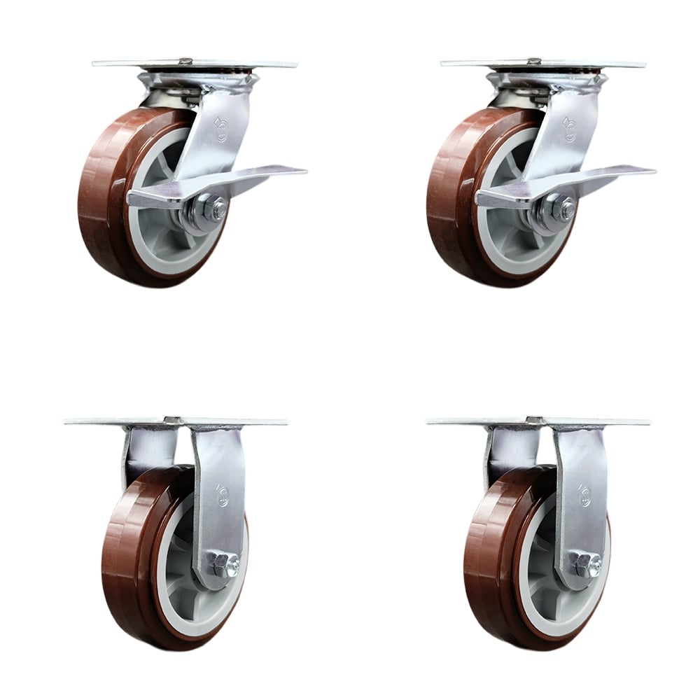 Heavy Duty Large Top Plate Polyurethane on Polyolefin Swivel Caster with 6 x 2 in. Maroon Wheels - 3600 lbs Total Capacity - Set of 4