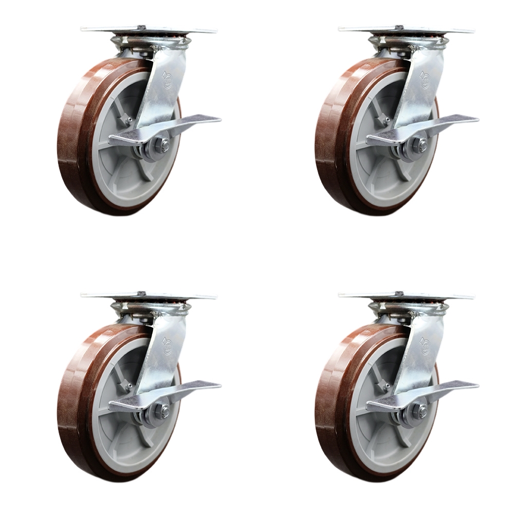 Heavy Duty Large Top Plate Polyurethane on Polyolefin Swivel Caster with 8 x 2 in. Maroon Wheels - 4000 lbs Total Capacity - Set of 4