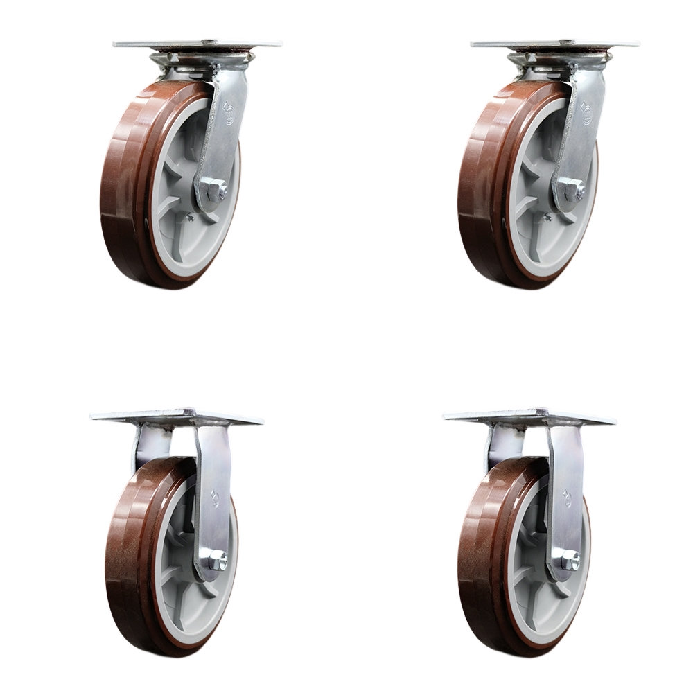 Heavy Duty Large Top Plate Polyurethane on Polyolefin Swivel Caster with 8 x 2 in. Maroon Wheels - 4000 lbs Total Capacity - Set of 4