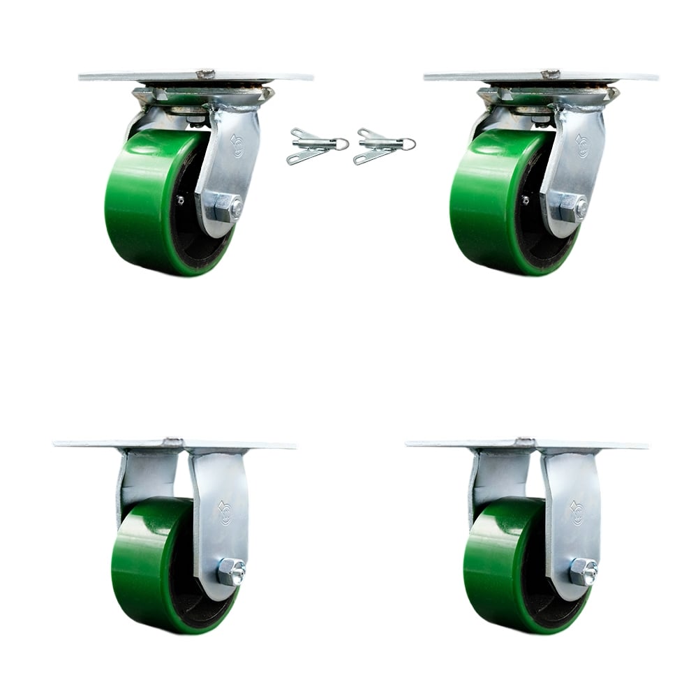 Heavy Duty Large Top Plate Polyurethane on Cast Iron Swivel Caster with 4 x 2 in. Green Wheels - 2800 lbs Total Capacity - Set of 4