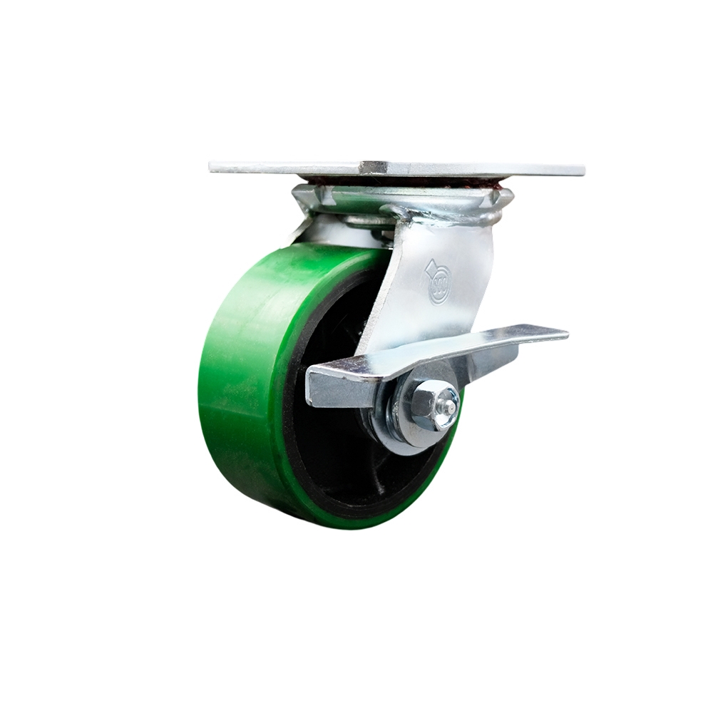Heavy Duty Large Top Plate Polyurethane on Cast Iron Swivel Caster with 5 x 2 in. Green Wheel & Side Lock Brake - 900 lbs Capacity per Caster