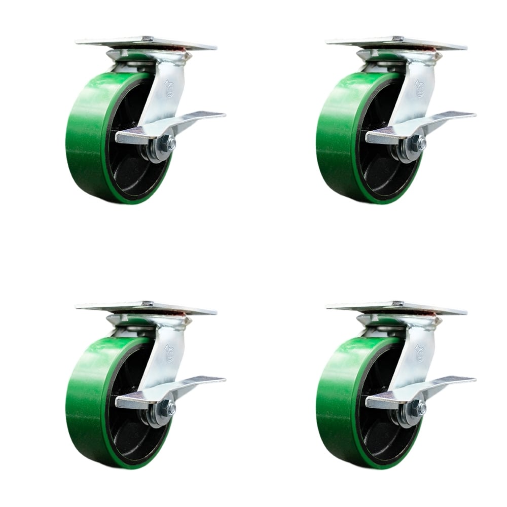 Heavy Duty Large Top Plate Polyurethane on Cast Iron Swivel Caster with 6 x 2 in. Green Wheels - 4800 lbs Total Capacity - Set of 4