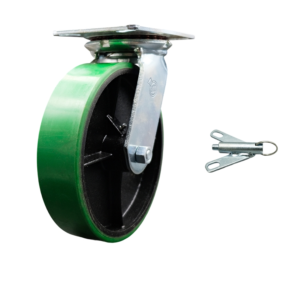 Heavy Duty Large Top Plate Polyurethane on Cast Iron Swivel Caster with 8 x 2 in. Green Wheel & Bolt on Swivel Lock - 1250 lbs Capacity per Caster