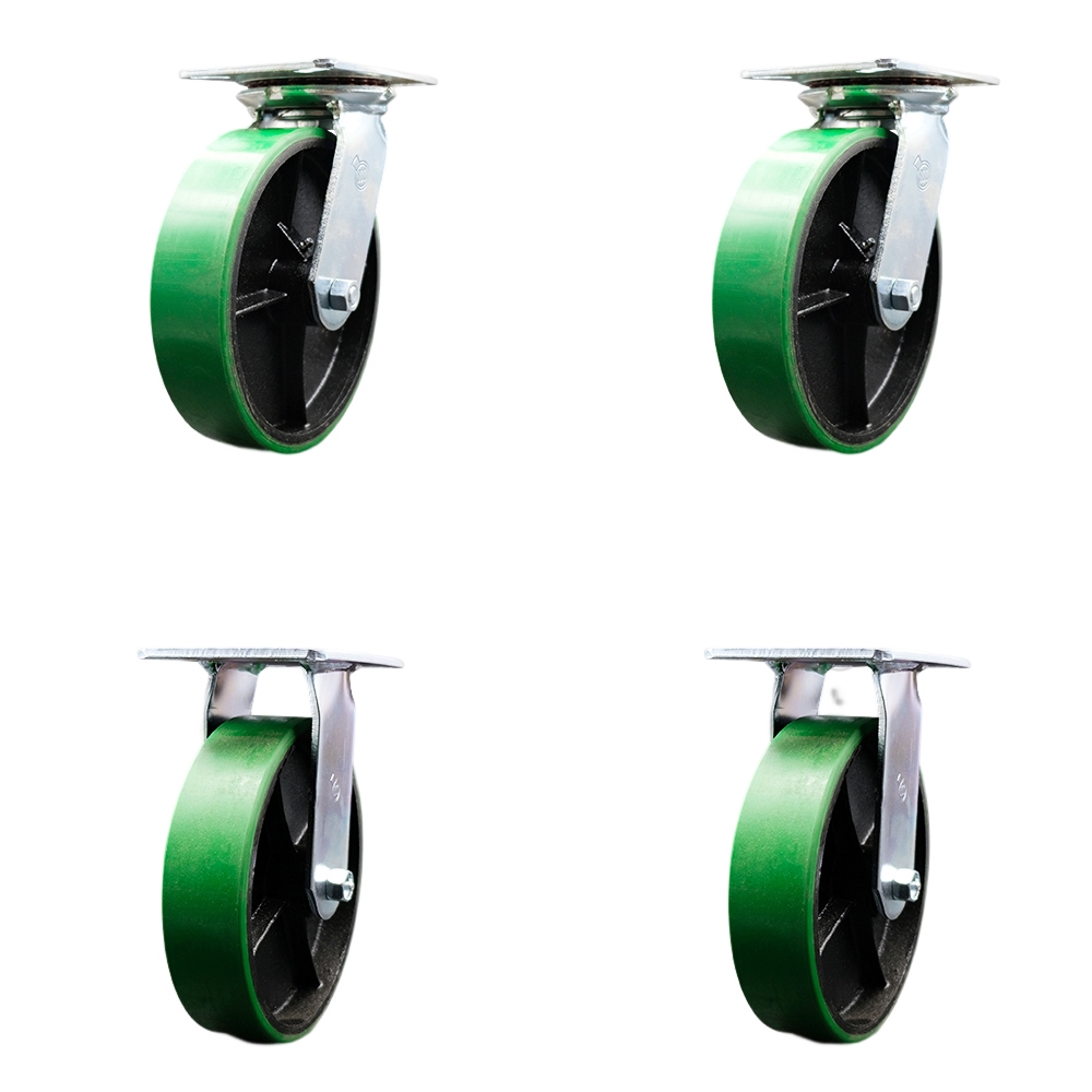 Heavy Duty Large Top Plate Polyurethane on Cast Iron Swivel Caster with 8 x 2 in. Green Wheels - 5000 lbs Total Capacity - Set of 4