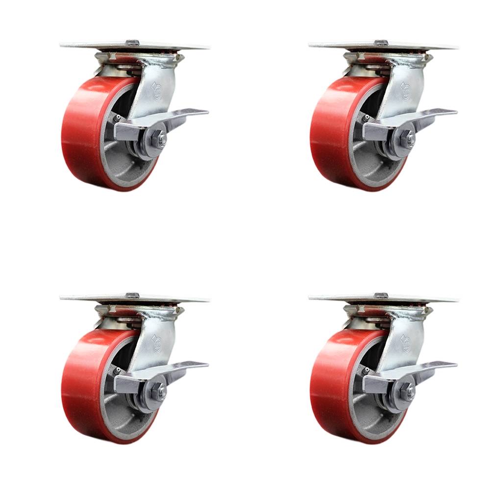 Heavy Duty Large Top Plate Polyurethane on Cast Iron Swivel Caster with 5 x 2 in. Red Wheels - 3600 lbs Total Capacity - Set of 4