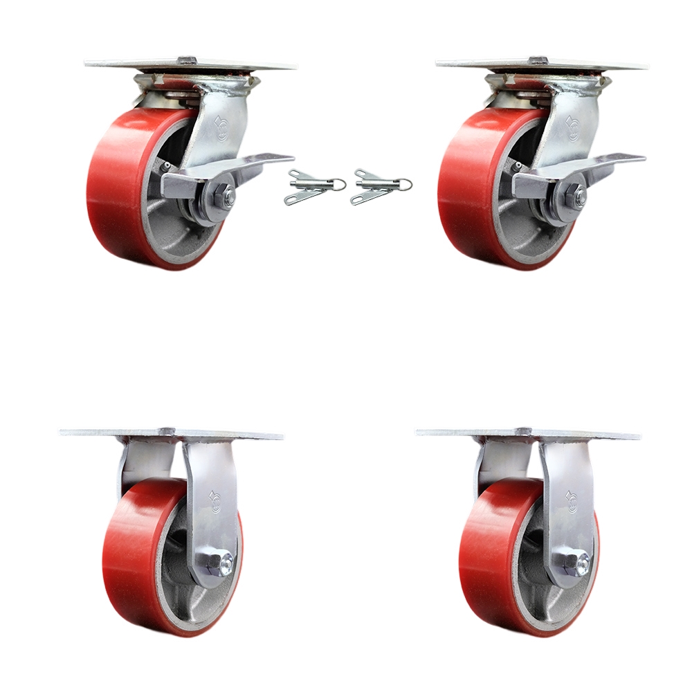 Heavy Duty Large Top Plate Polyurethane on Cast Iron Swivel Caster with 5 x 2 in. Red Wheels - 3600 lbs Total Capacity - Set of 4
