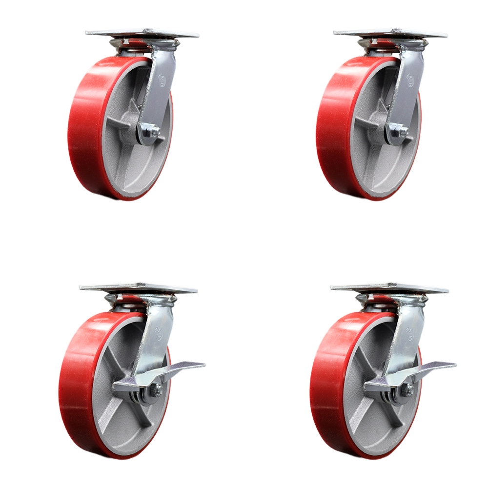 Heavy Duty Large Top Plate Polyurethane on Cast Iron Swivel Caster with 8 x 2 in. Red Wheels - 5000 lbs Capacity - Set of 4