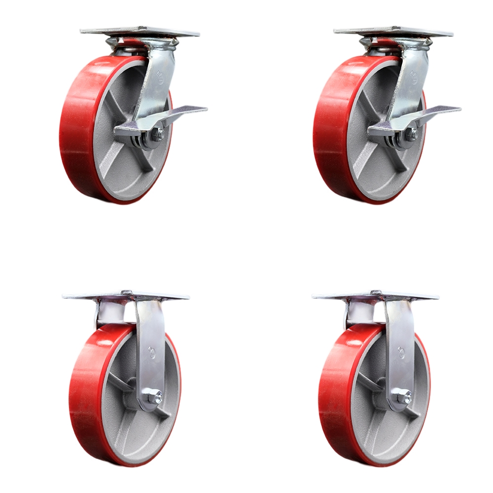 Heavy Duty Large Top Plate Polyurethane on Cast Iron Swivel Caster with 8 x 2 in. Red Wheels - 5000 lbs Total Capacity - Set of 4