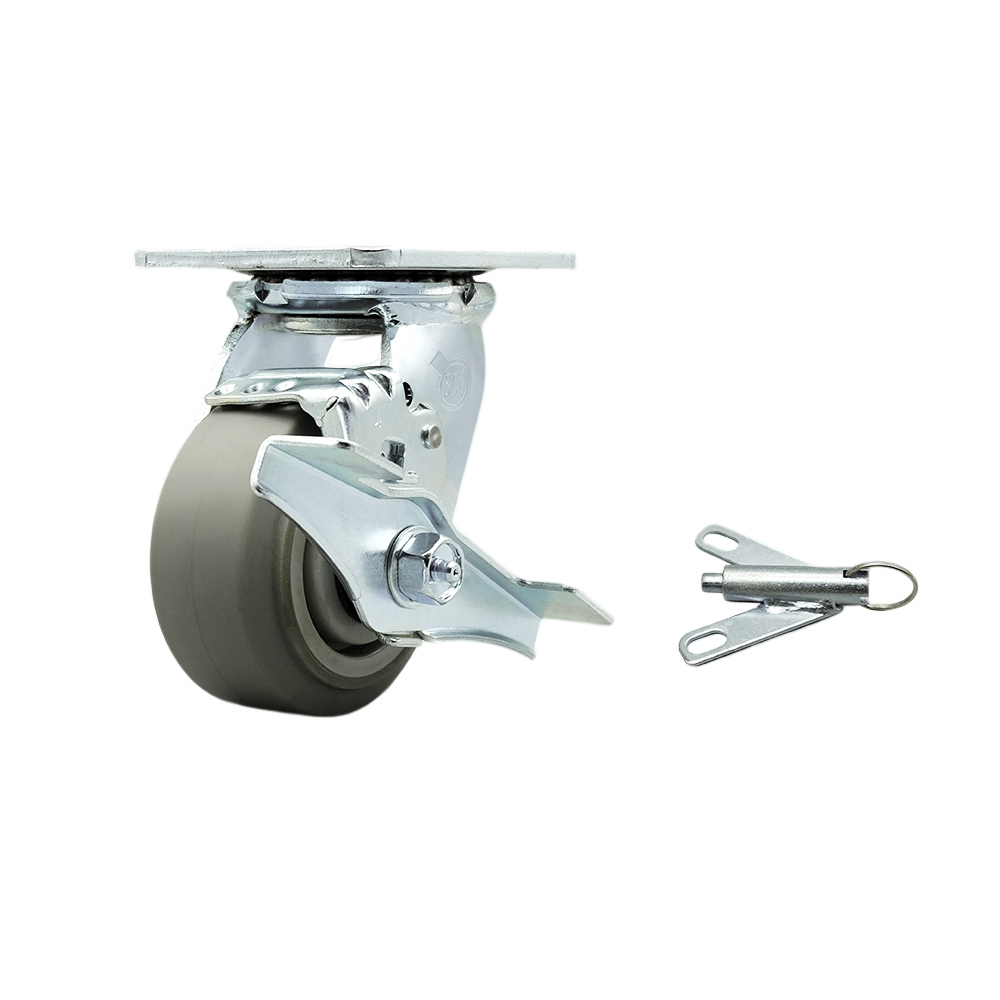 Heavy Duty Swivel Top Plate Caster with Top Lock Brake & Bolt on Swivel Lock & 4 in. Thermoplastic Rubber Flat Tread Wheel with Ball Bearings