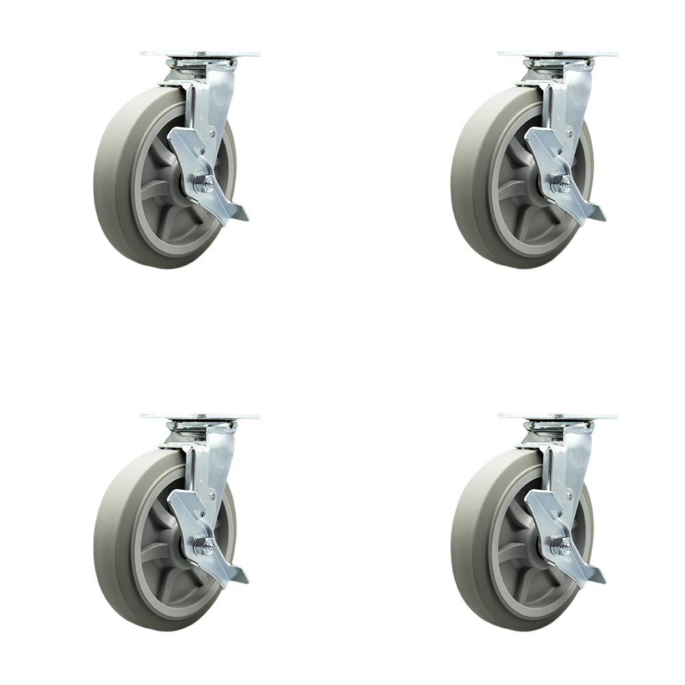 Heavy Duty Swivel Caster with 8 in. Thermoplastic Rubber Flat Tread Wheels & Ball Bearings - 2400 lbs Total Capacity - Set of 4