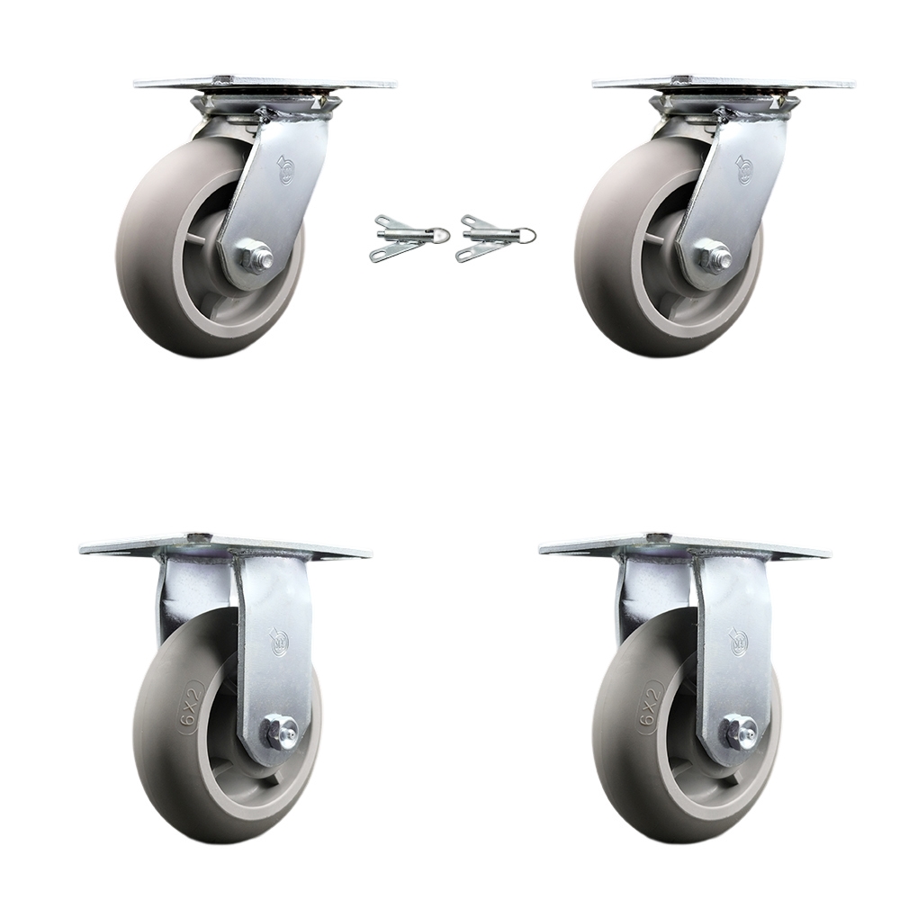 Heavy Duty Large Top Plate Thermo Rubber Donut Tread Swivel Caster with Maintenance Free Bearings with 6 x 2 in. Gray Wheels - Set of 4
