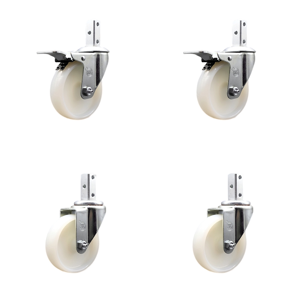 Swivel Square Stem Caster with 4 x 1.25 in. White Nylon Wheel, 0.75 x 2 in. Square Stem with 3 0.26 in. Diameter Mounting Holes - Set of 4