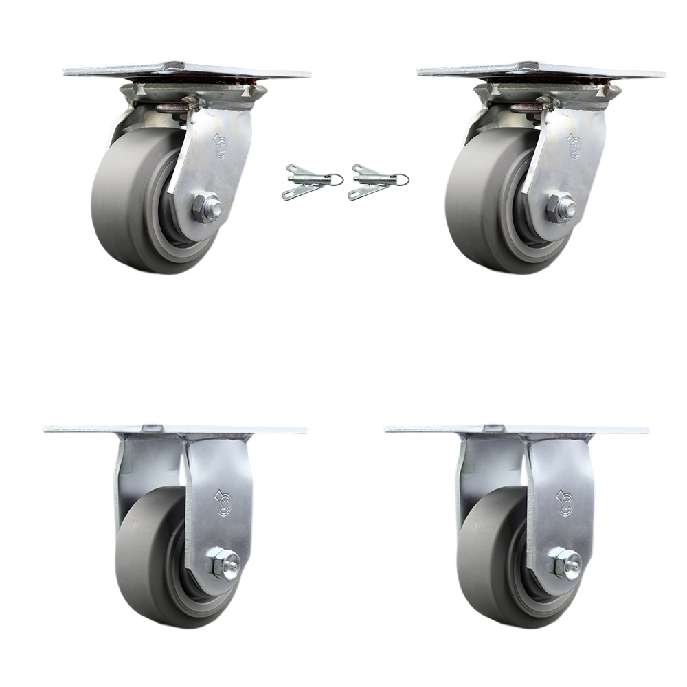 Heavy Duty Large Top Plate Thermo Rubber Flat Tread Swivel Caster with Maintenance Free Bearings with 4 x 2 in. Gray Wheels - Set of 4