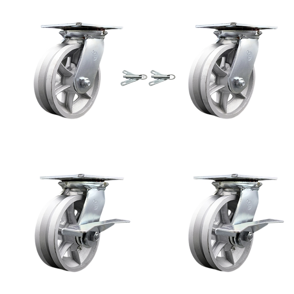 Heavy Duty Large Top Plate V Groove Semi Steel Swivel Caster with Maintenance Free Bearings with 6 x 2 in. Silver Wheels - Set of 4