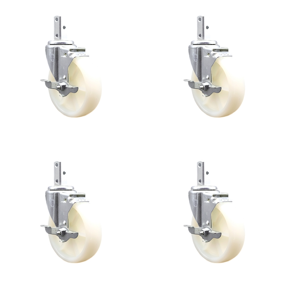Swivel Square Stem Caster with 5 x 1.25 in. White Nylon Wheel, 0.87 x 2 in. Square Stem with 3 0.26 in. Diameter Mounting Holes - Set of 4
